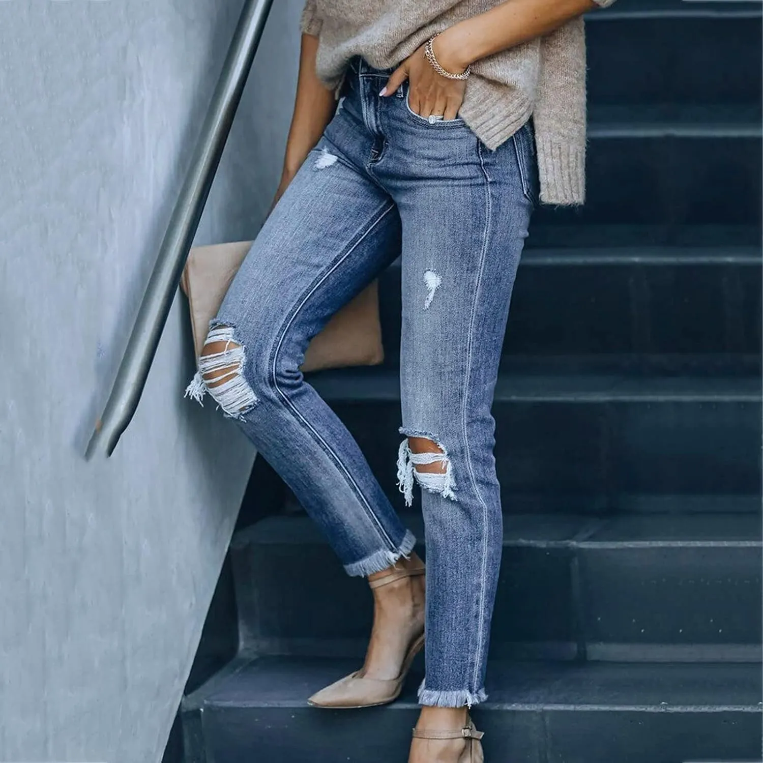 tuduoms Women Ripped Mid Rise Jeans Frayed Hem Denim Stretchy Skinny Jeans Fashion Boyfriend Distressed Ribbed Jegging Jeans