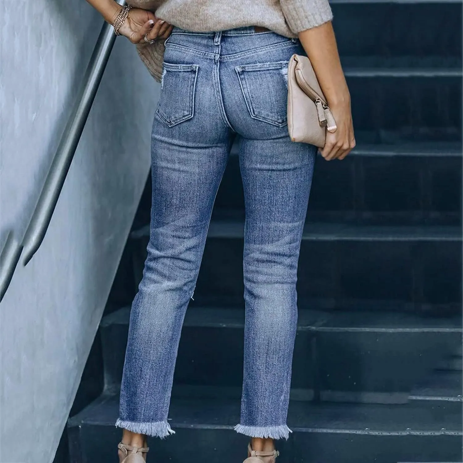 tuduoms Women Ripped Mid Rise Jeans Frayed Hem Denim Stretchy Skinny Jeans Fashion Boyfriend Distressed Ribbed Jegging Jeans