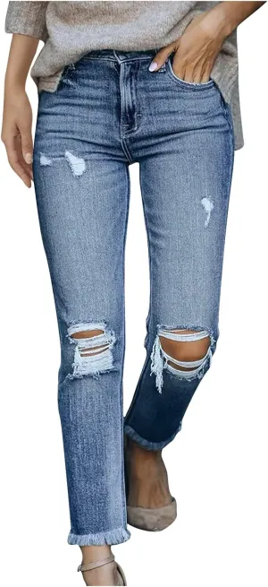 tuduoms Women Ripped Mid Rise Jeans Frayed Hem Denim Stretchy Skinny Jeans Fashion Boyfriend Distressed Ribbed Jegging Jeans