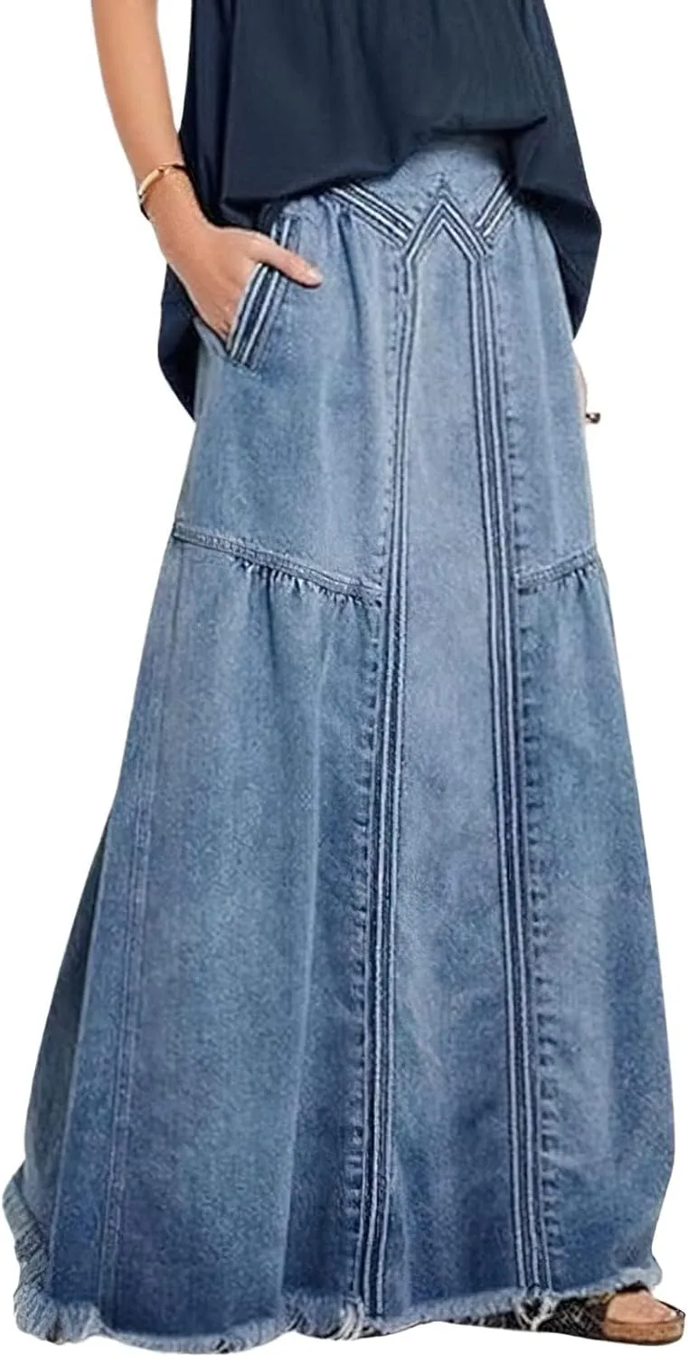 utcoco Women's Maxi Denim Skirt Retro Elastic High Waist A-Line Frayed Hem Hippie Long Jean Skirts