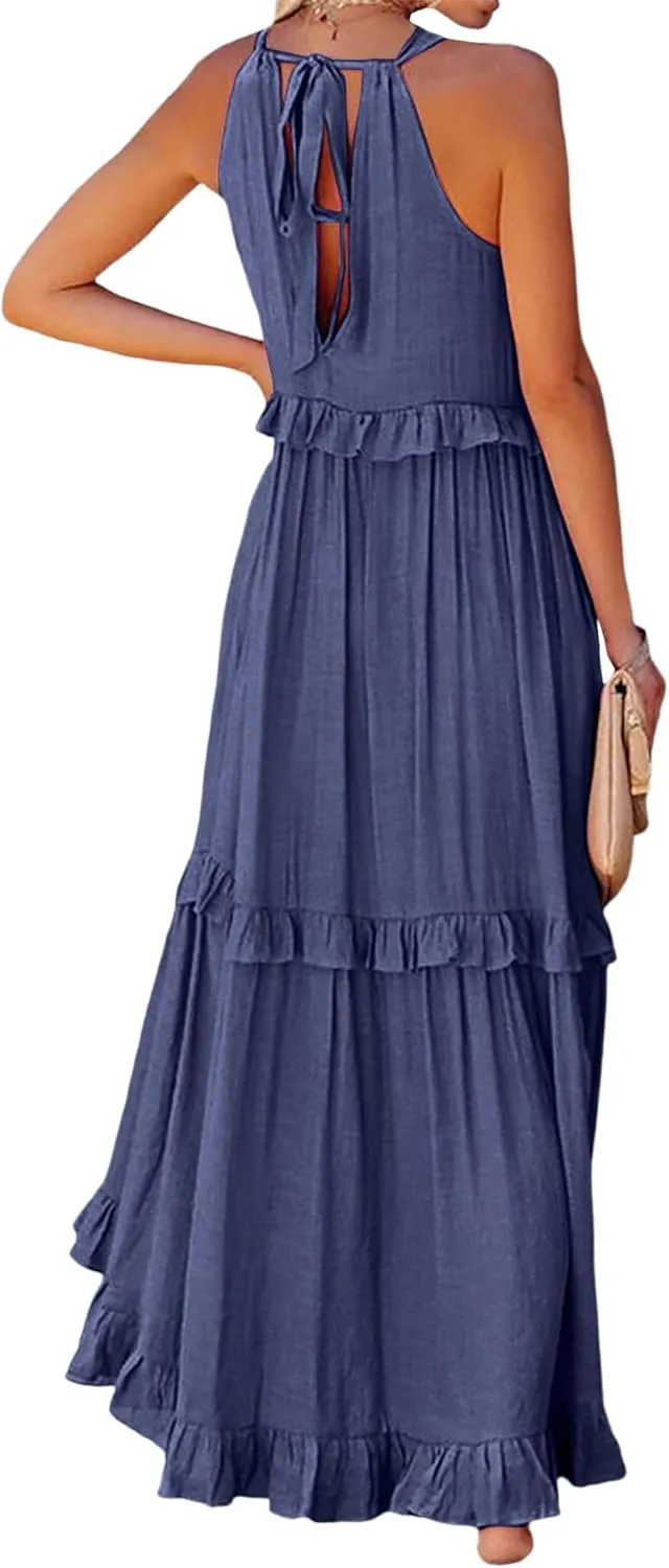 Wedding Guest Dress for Women Sleeveless Tank Tops Maxi Dress Ruffle Tiered Fashion Dresses Casual Layered Dresses