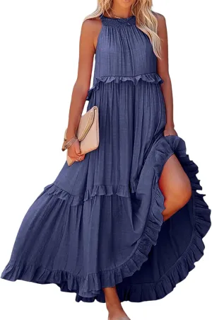 Wedding Guest Dress for Women Sleeveless Tank Tops Maxi Dress Ruffle Tiered Fashion Dresses Casual Layered Dresses