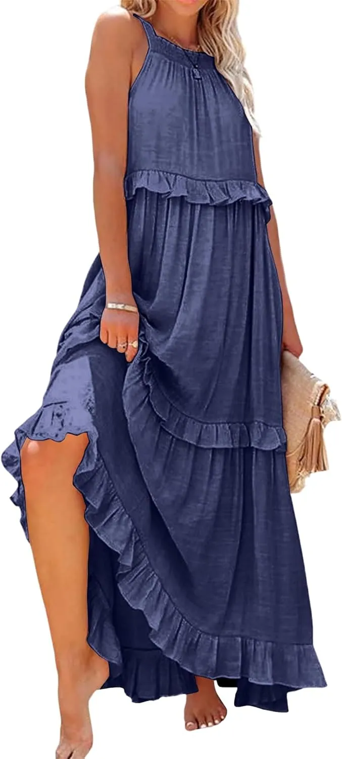 Wedding Guest Dress for Women Sleeveless Tank Tops Maxi Dress Ruffle Tiered Fashion Dresses Casual Layered Dresses