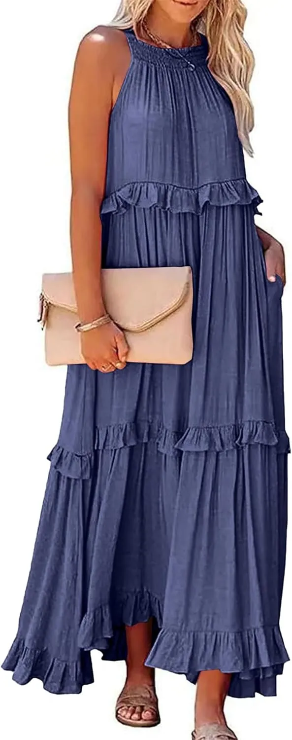 Wedding Guest Dress for Women Sleeveless Tank Tops Maxi Dress Ruffle Tiered Fashion Dresses Casual Layered Dresses