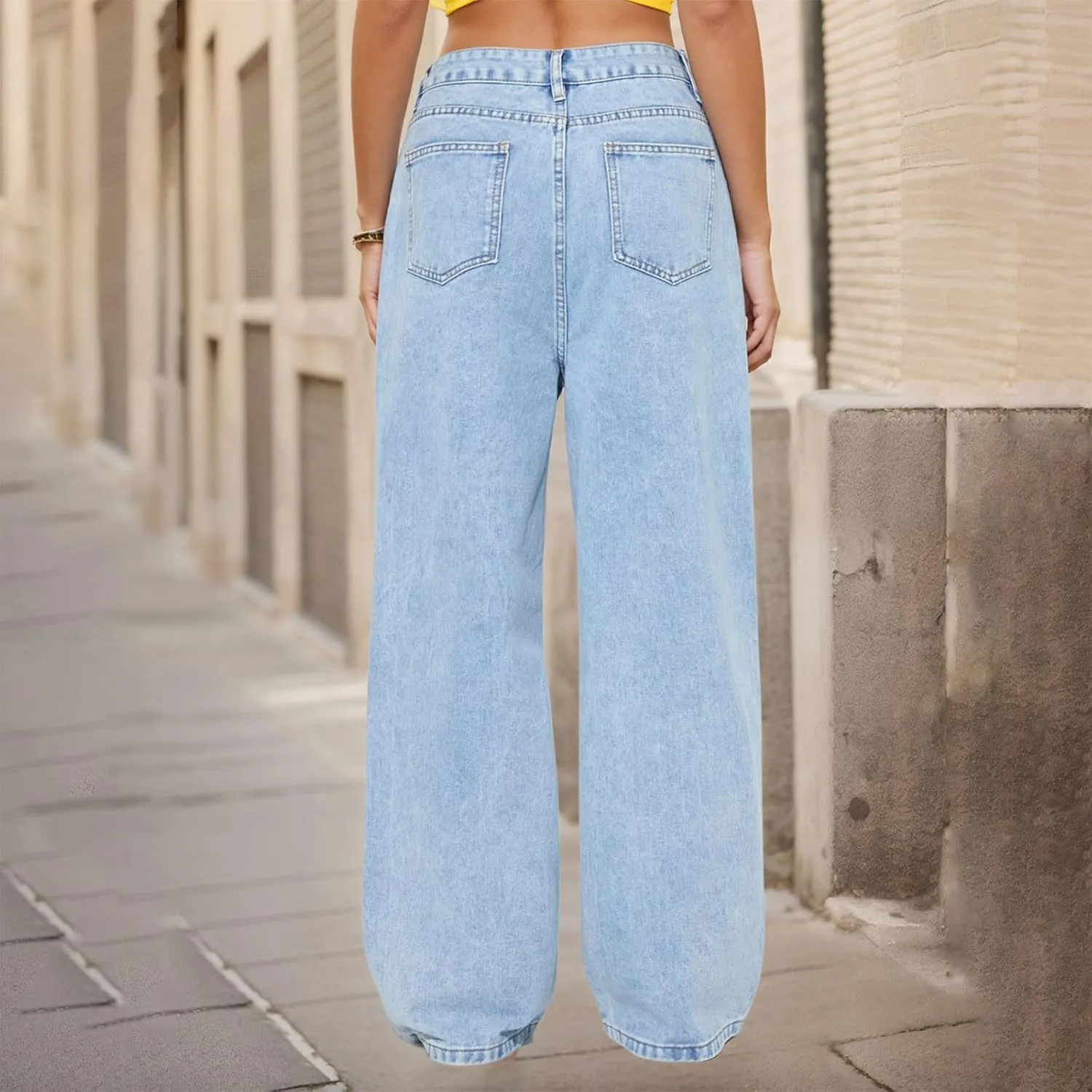 Wide Leg Jeans for Women Casual High Waisted Baggy Jeans Denim Pants Trousers Solid Color Button Long Jean Pants