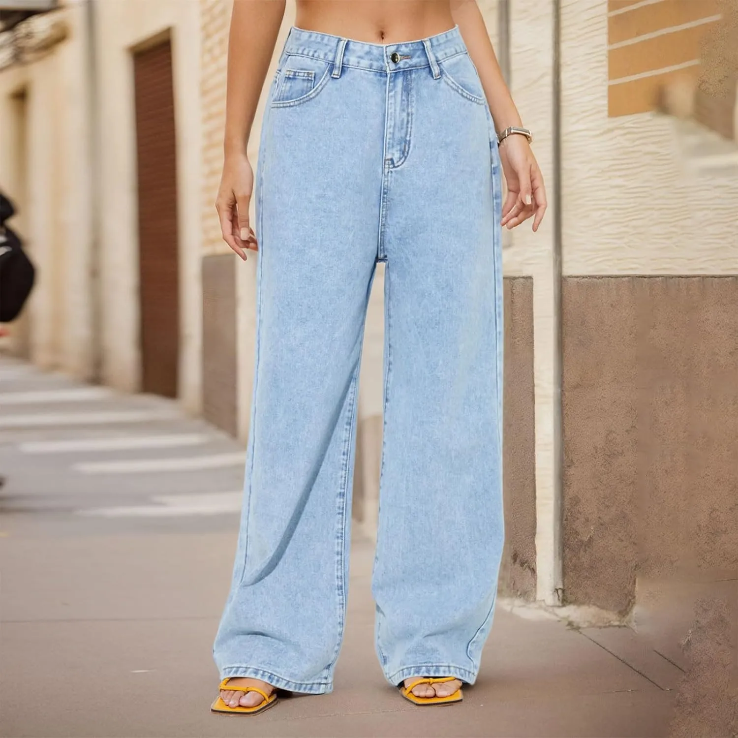 Wide Leg Jeans for Women Casual High Waisted Baggy Jeans Denim Pants Trousers Solid Color Button Long Jean Pants