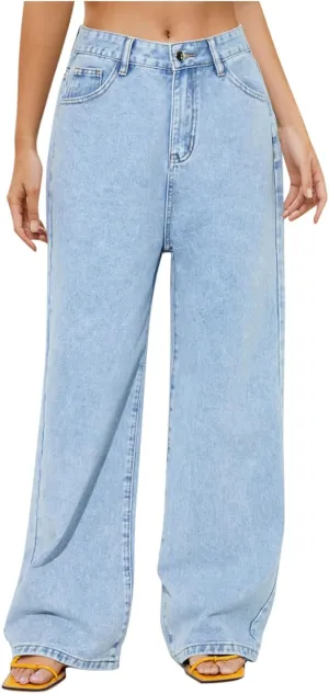 Wide Leg Jeans for Women Casual High Waisted Baggy Jeans Denim Pants Trousers Solid Color Button Long Jean Pants