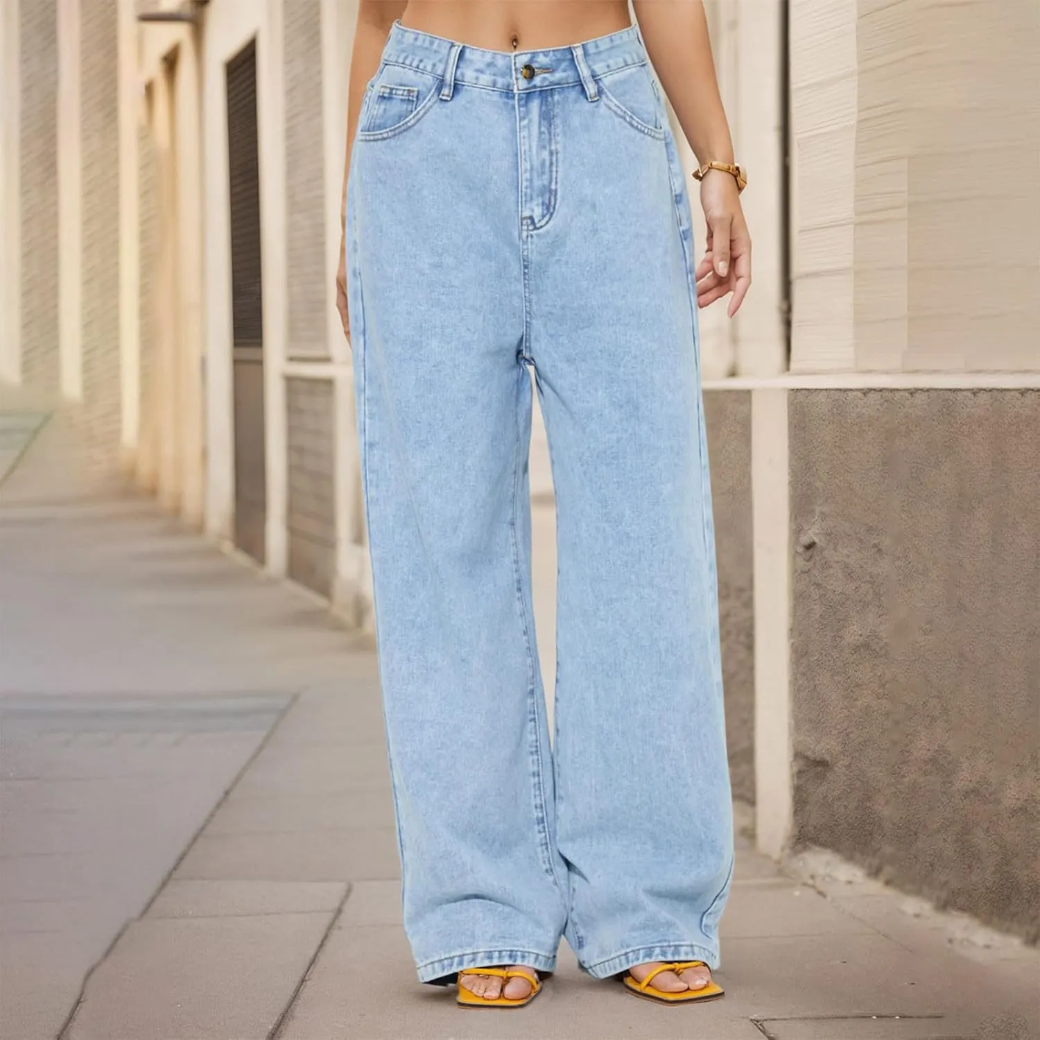 Wide Leg Jeans for Women Casual High Waisted Baggy Jeans Denim Pants Trousers Solid Color Button Long Jean Pants