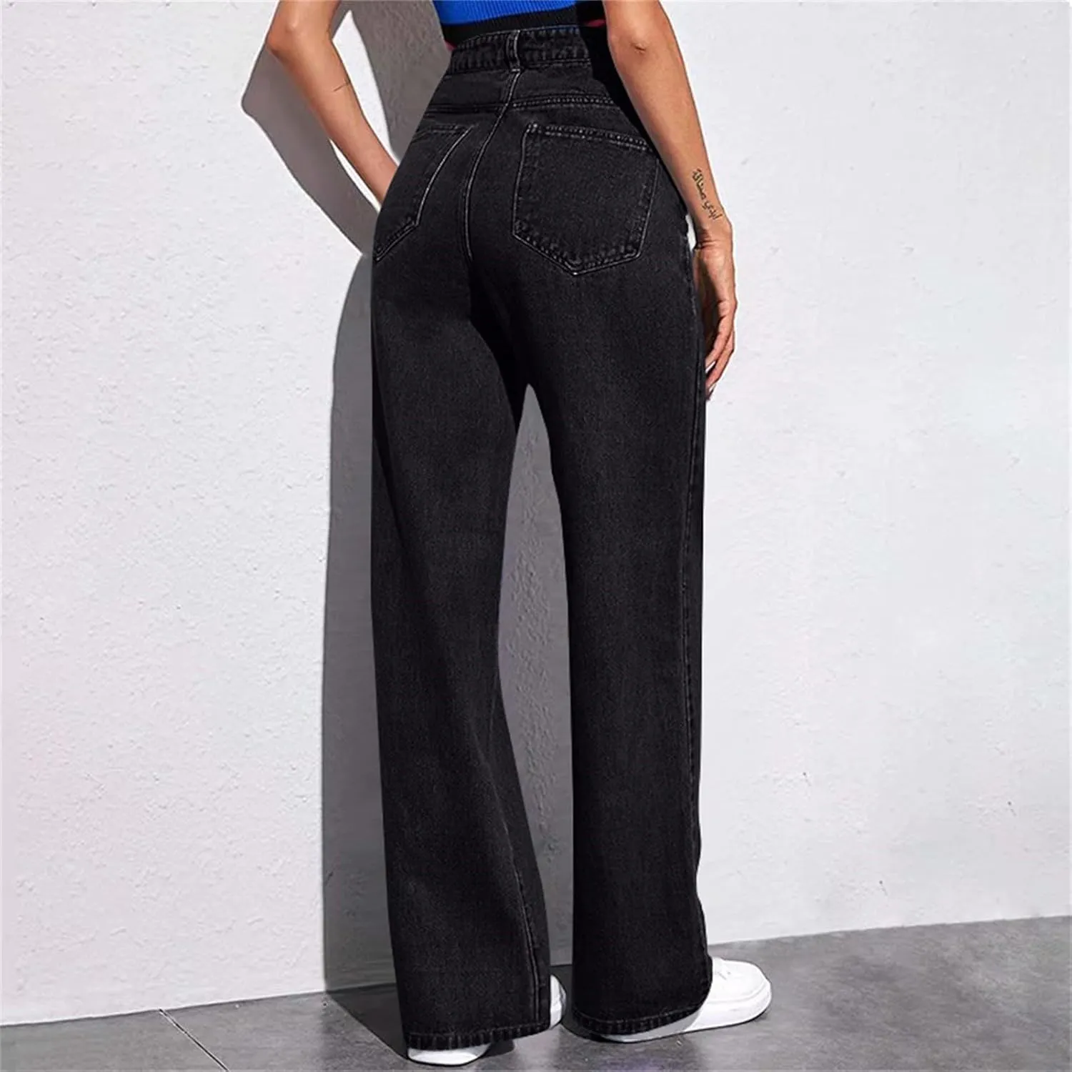 Wide Leg Jeans for Women Cropped High Waisted Trendy Button Fly Patch Pockets Stretchy Denim Pants Trousers Jeans