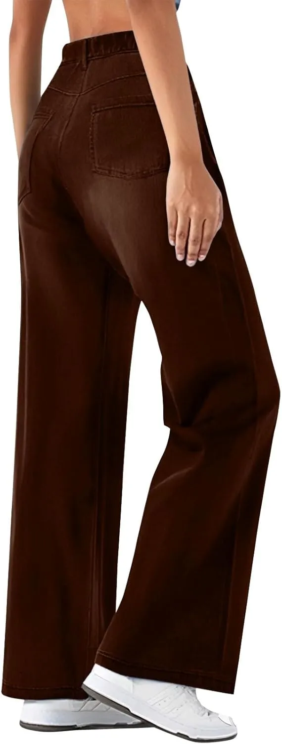 Wide Leg Jeans for Women Cropped High Waisted Trendy Button Fly Patch Pockets Stretchy Denim Pants Trousers Jeans