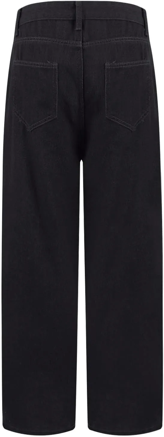 Wide Leg Jeans for Women Cropped High Waisted Trendy Button Fly Patch Pockets Stretchy Denim Pants Trousers Jeans