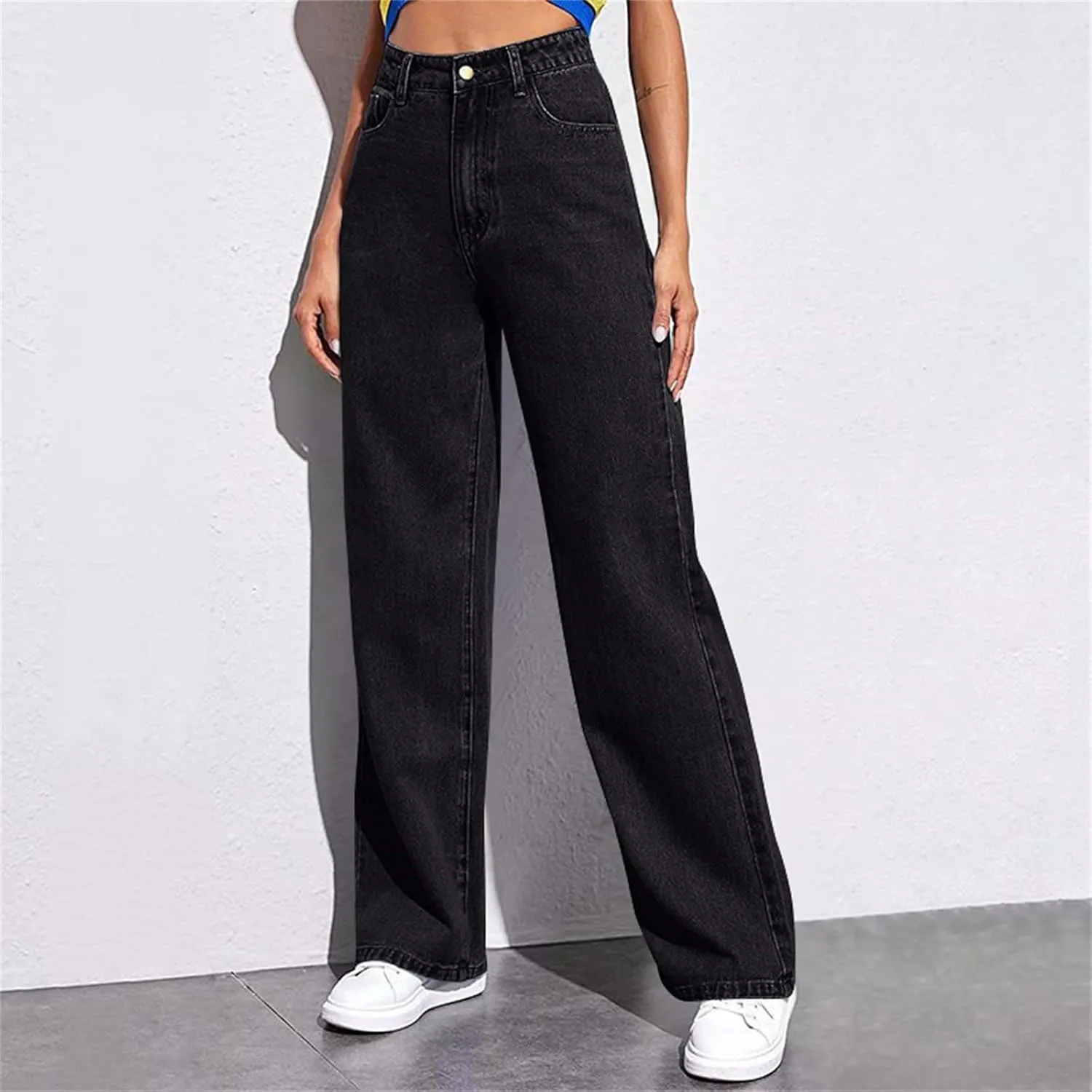 Wide Leg Jeans for Women Cropped High Waisted Trendy Button Fly Patch Pockets Stretchy Denim Pants Trousers Jeans