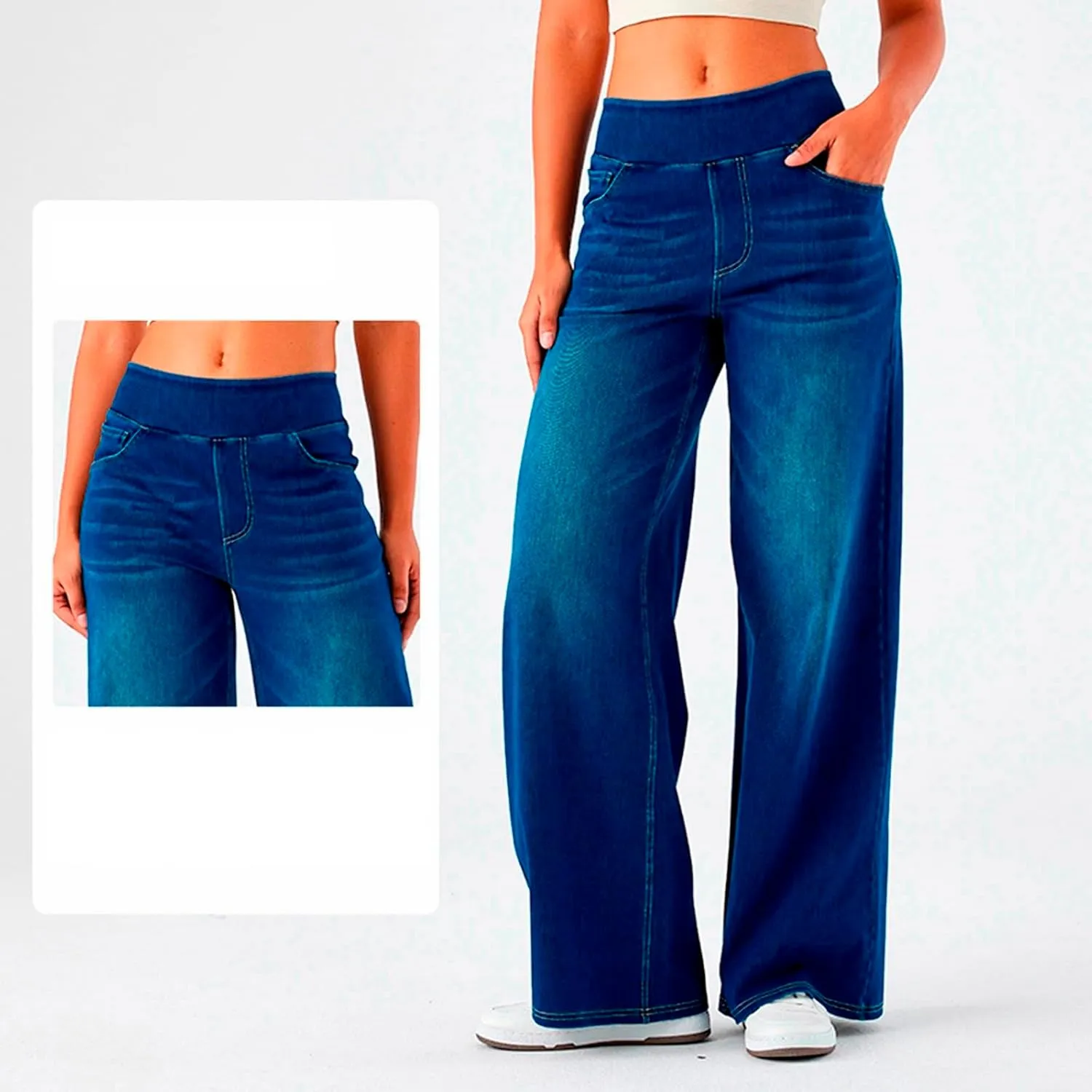 Wide Leg Jeans for Women Elastic High Waisted Pull On Baggy Jeans Comfy Casual Stretchy Denim Pants with Pockets