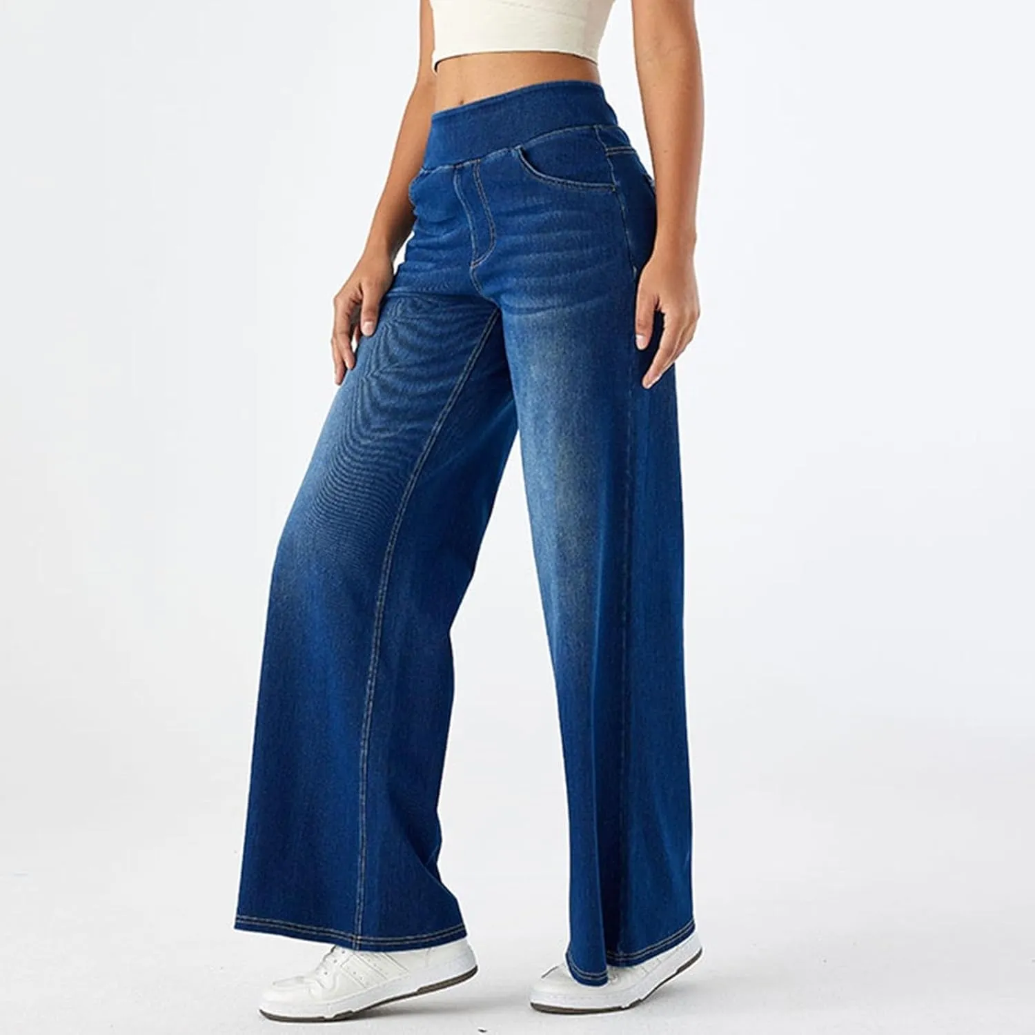 Wide Leg Jeans for Women Elastic High Waisted Pull On Baggy Jeans Comfy Casual Stretchy Denim Pants with Pockets