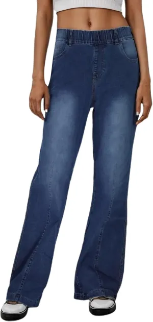 Wide Leg Jeans for Women Elastic High Waisted Pull On Baggy Jeans Comfy Casual Stretchy Denim Pants with Pockets