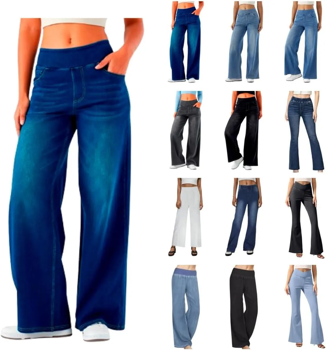 Wide Leg Jeans for Women Elastic High Waisted Pull On Baggy Jeans Comfy Casual Stretchy Denim Pants with Pockets
