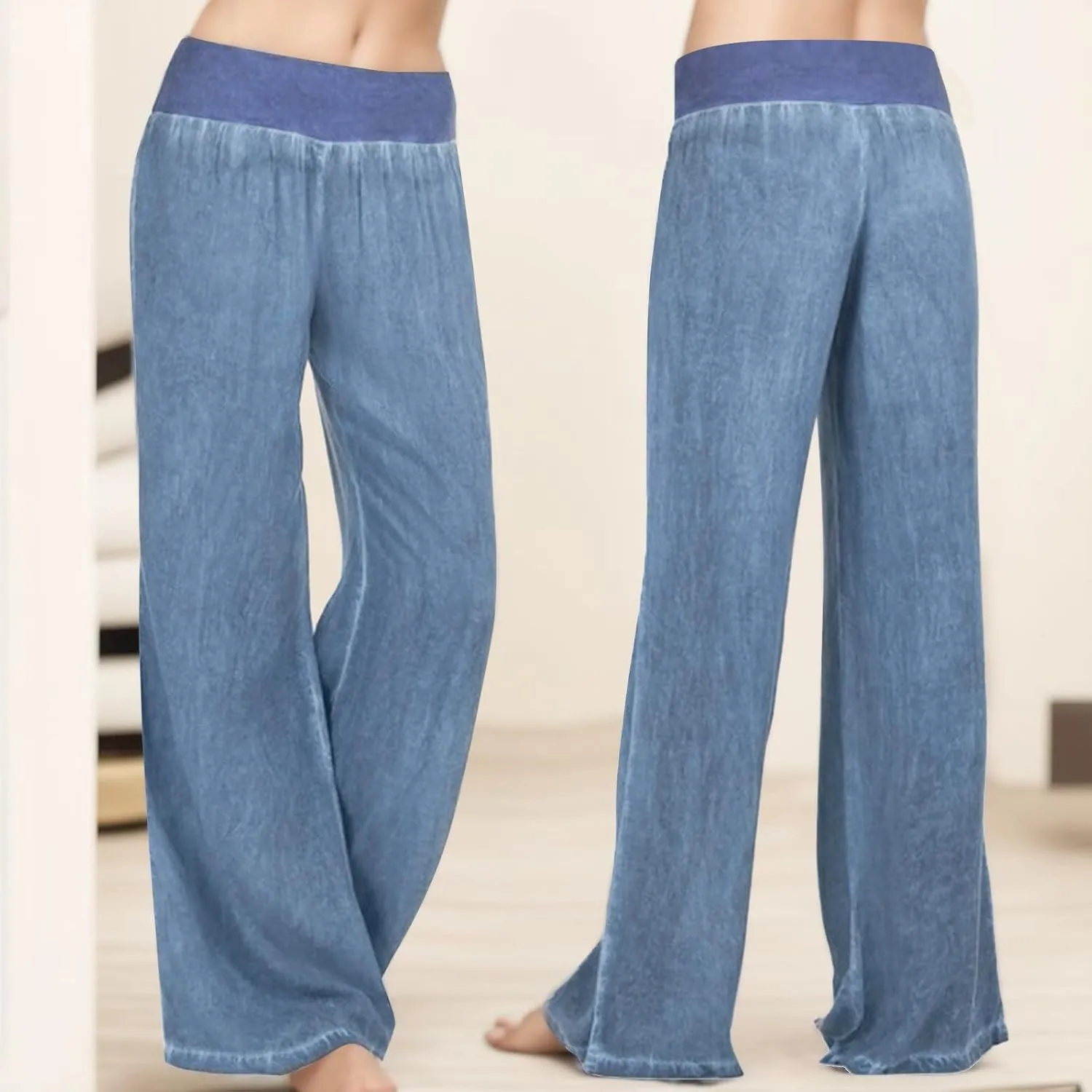 Wide Leg Jeans for Women Elastic High Waisted Pull On Baggy Jeans Comfy Casual Stretchy Denim Pants with Pockets
