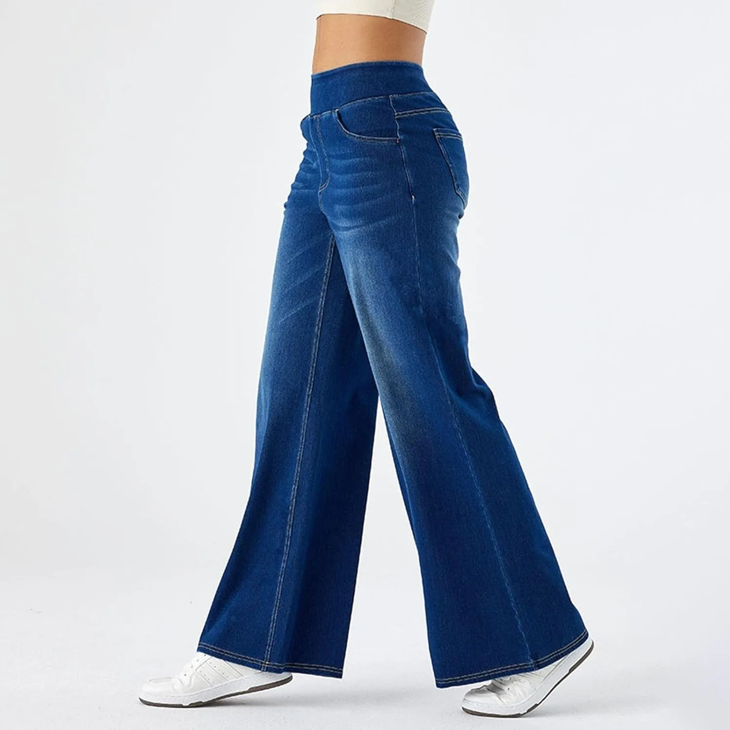 Wide Leg Jeans for Women Elastic High Waisted Pull On Baggy Jeans Comfy Casual Stretchy Denim Pants with Pockets