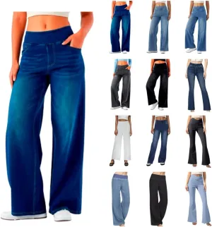 Wide Leg Jeans for Women Elastic High Waisted Pull On Baggy Jeans Comfy Casual Stretchy Denim Pants with Pockets