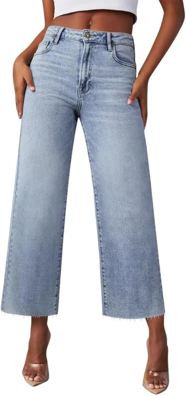 Wide Leg Jeans Woman Straight Leg Jeans for Women Stretchy High Waisted Crop Capri Woman Jeans with Raw Hem
