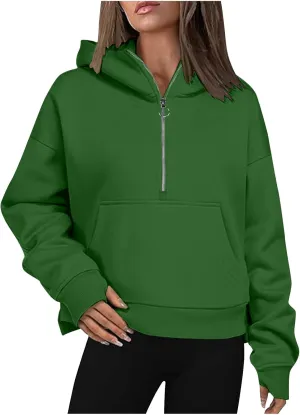 Woemns 2024 Half Zip Hoodie Trendy Cropped Sweatshirt Hooded Hoodies Tops Preppy Fashion Outfits Clothing