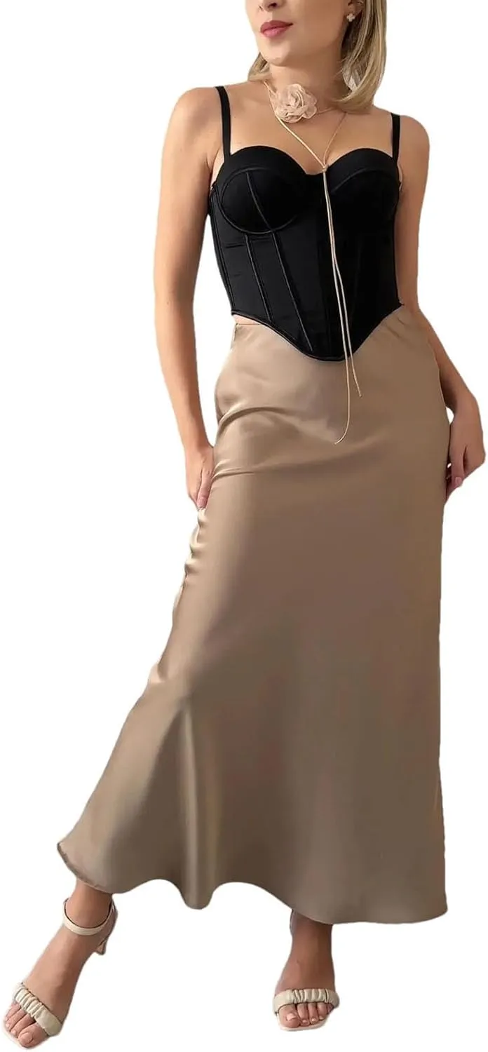 Woman Elastic High Waist Satin Fishtail Skirts Slim Long Dresses