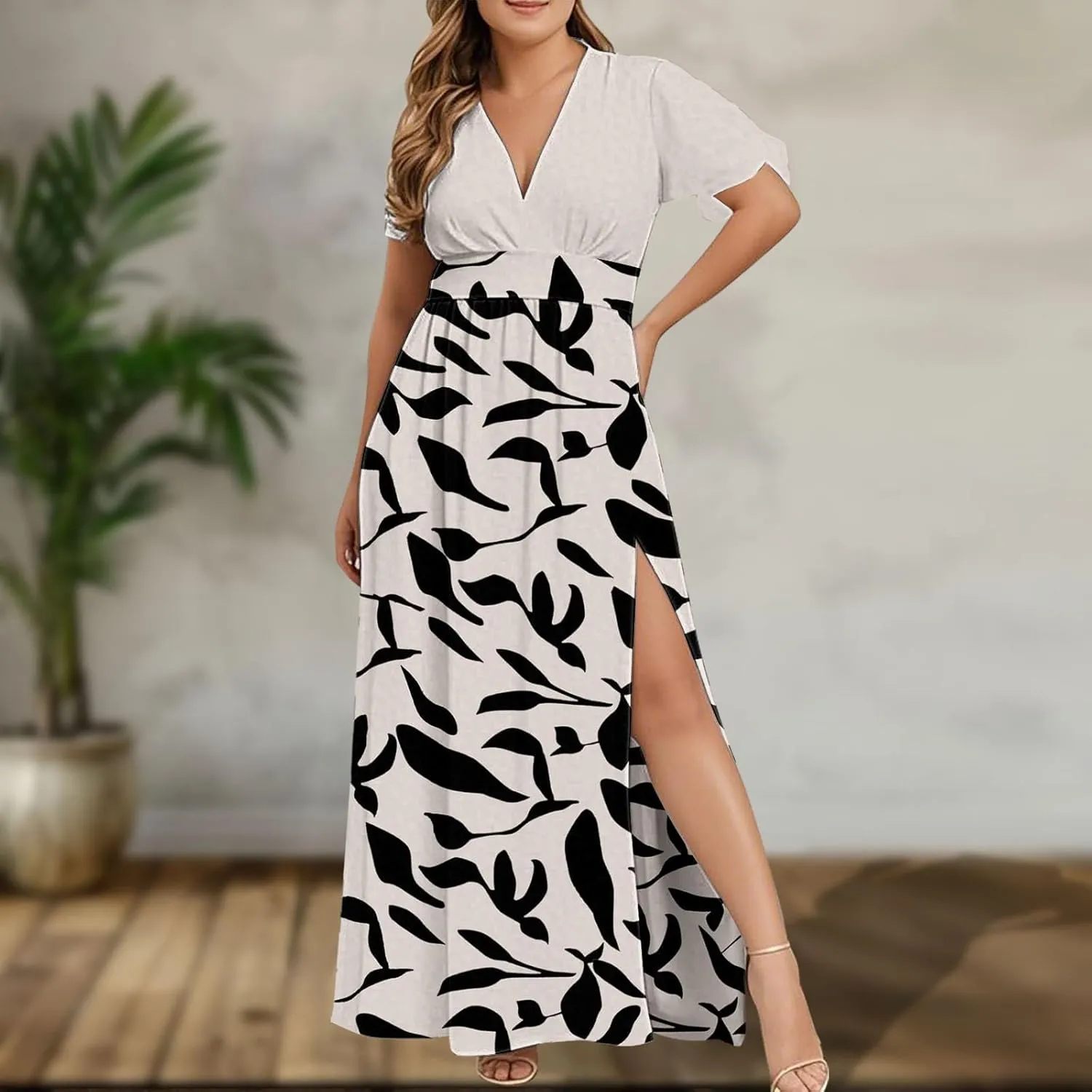 Women 2025 Maxi Dress Vacation Floral Short Sleeve Spring Casual Patchwork Boho Split Beach Long Flowy Sundress