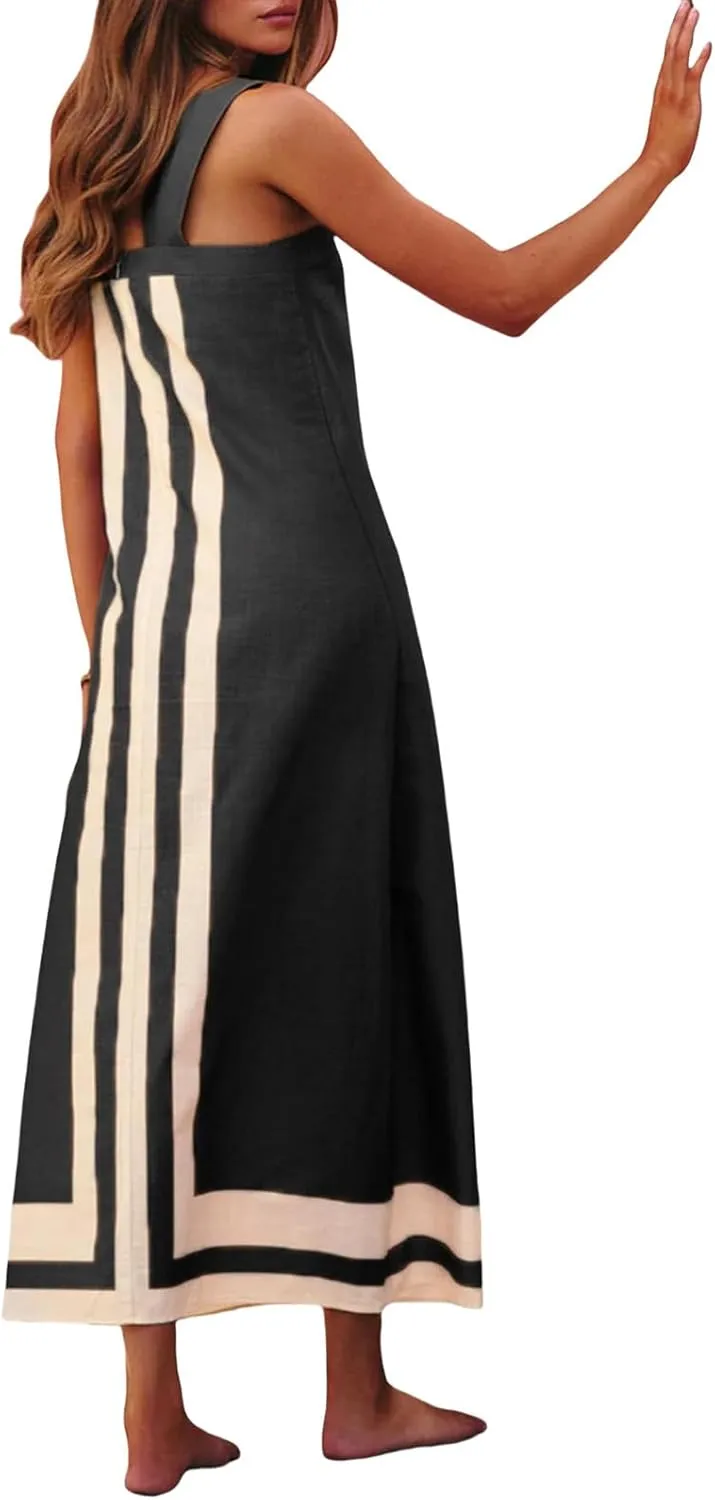 Women Bohemian Dresses Summer Flowy Floral Print Square Neck Sleeveless Strap Maxi Dress Casual Color Block Sundress