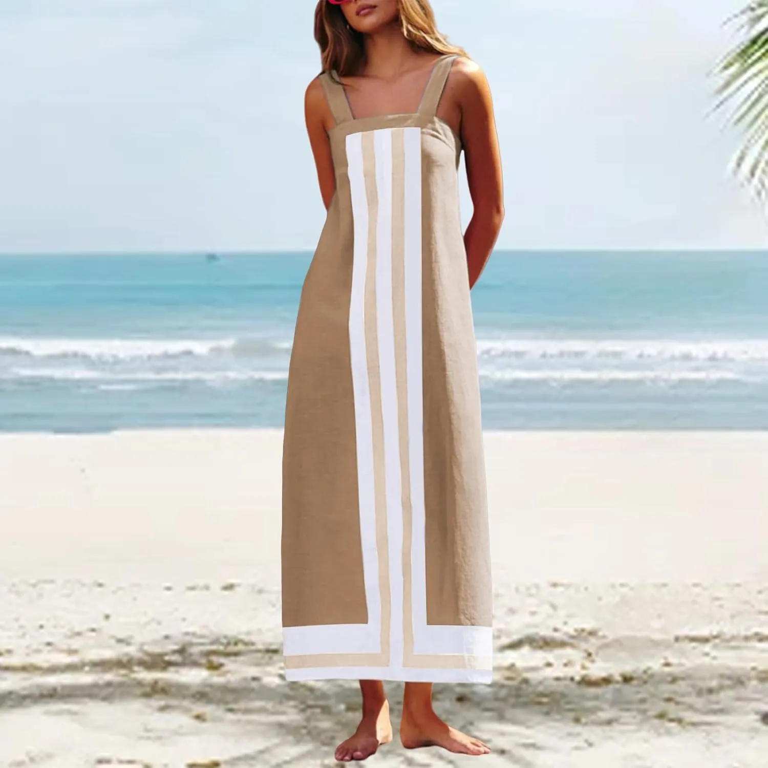 Women Bohemian Dresses Summer Flowy Floral Print Square Neck Sleeveless Strap Maxi Dress Casual Color Block Sundress
