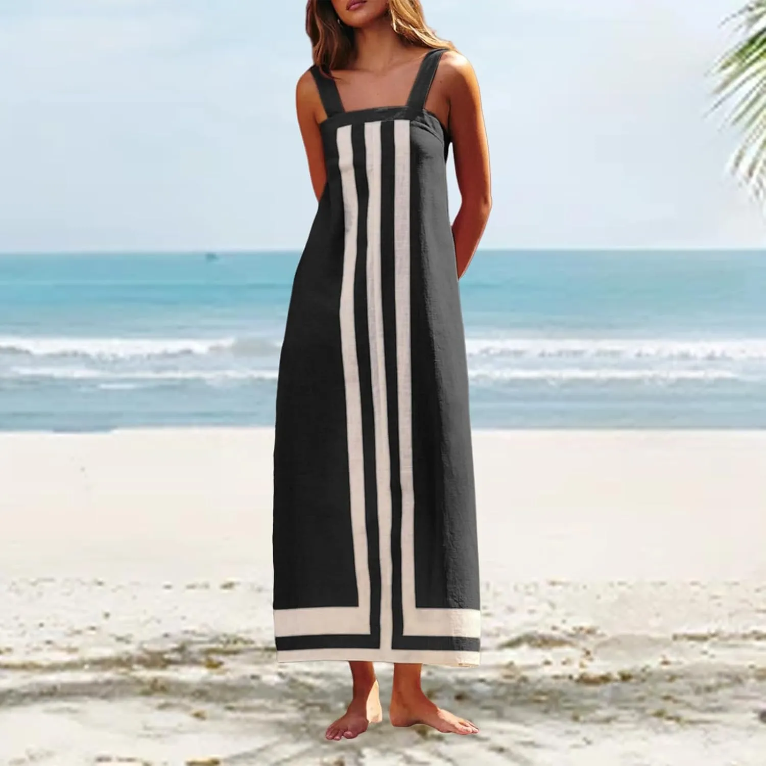 Women Bohemian Dresses Summer Flowy Floral Print Square Neck Sleeveless Strap Maxi Dress Casual Color Block Sundress