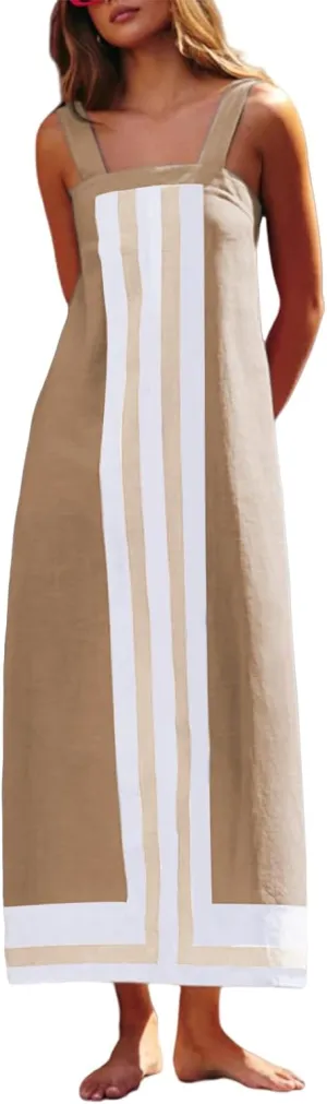 Women Bohemian Dresses Summer Flowy Floral Print Square Neck Sleeveless Strap Maxi Dress Casual Color Block Sundress