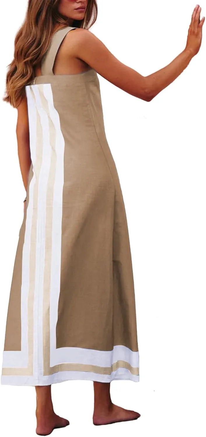 Women Bohemian Dresses Summer Flowy Floral Print Square Neck Sleeveless Strap Maxi Dress Casual Color Block Sundress