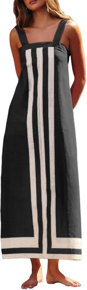 Women Bohemian Dresses Summer Flowy Floral Print Square Neck Sleeveless Strap Maxi Dress Casual Color Block Sundress