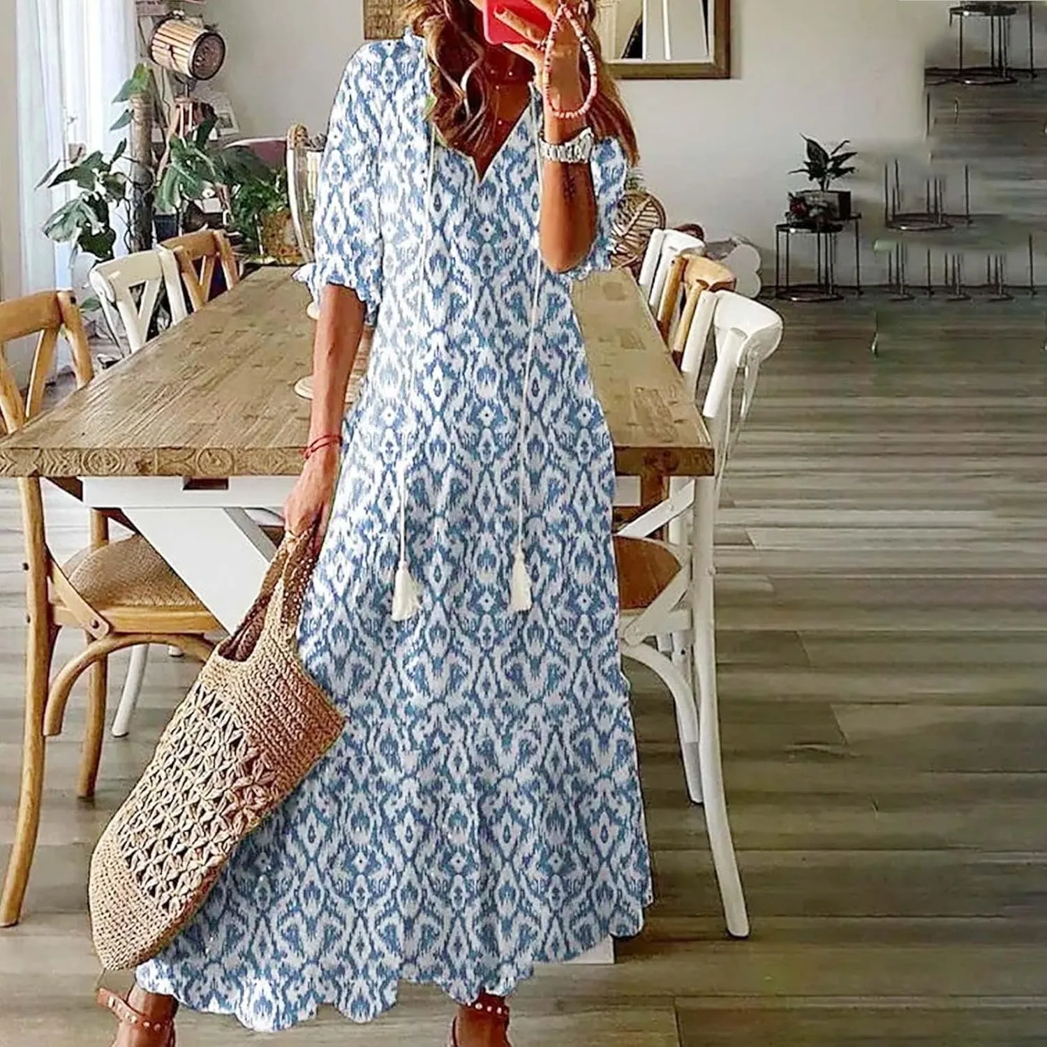 Women Boho Summer Dress Short Sleeve Tassel V Neck Ruffle Flowy A-Line Maxi Dresses Casual Loose Beach Vacation Dress