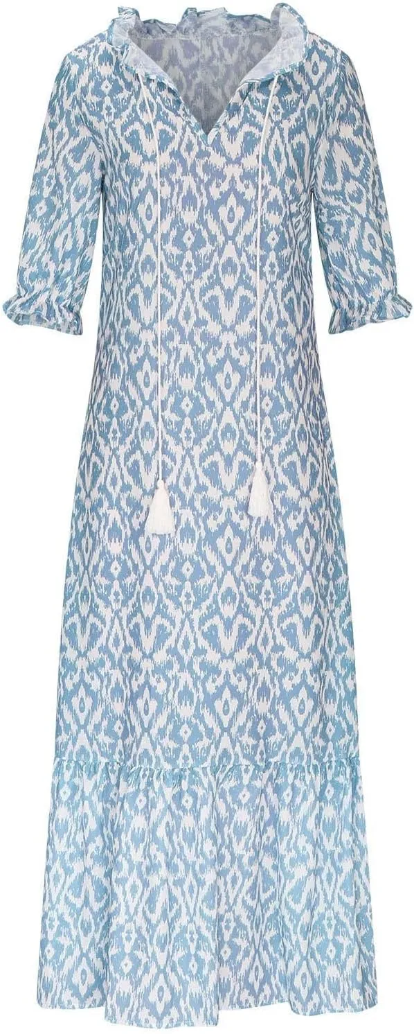 Women Boho Summer Dress Short Sleeve Tassel V Neck Ruffle Flowy A-Line Maxi Dresses Casual Loose Beach Vacation Dress