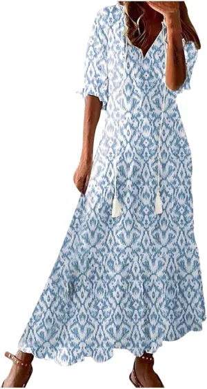 Women Boho Summer Dress Short Sleeve Tassel V Neck Ruffle Flowy A-Line Maxi Dresses Casual Loose Beach Vacation Dress