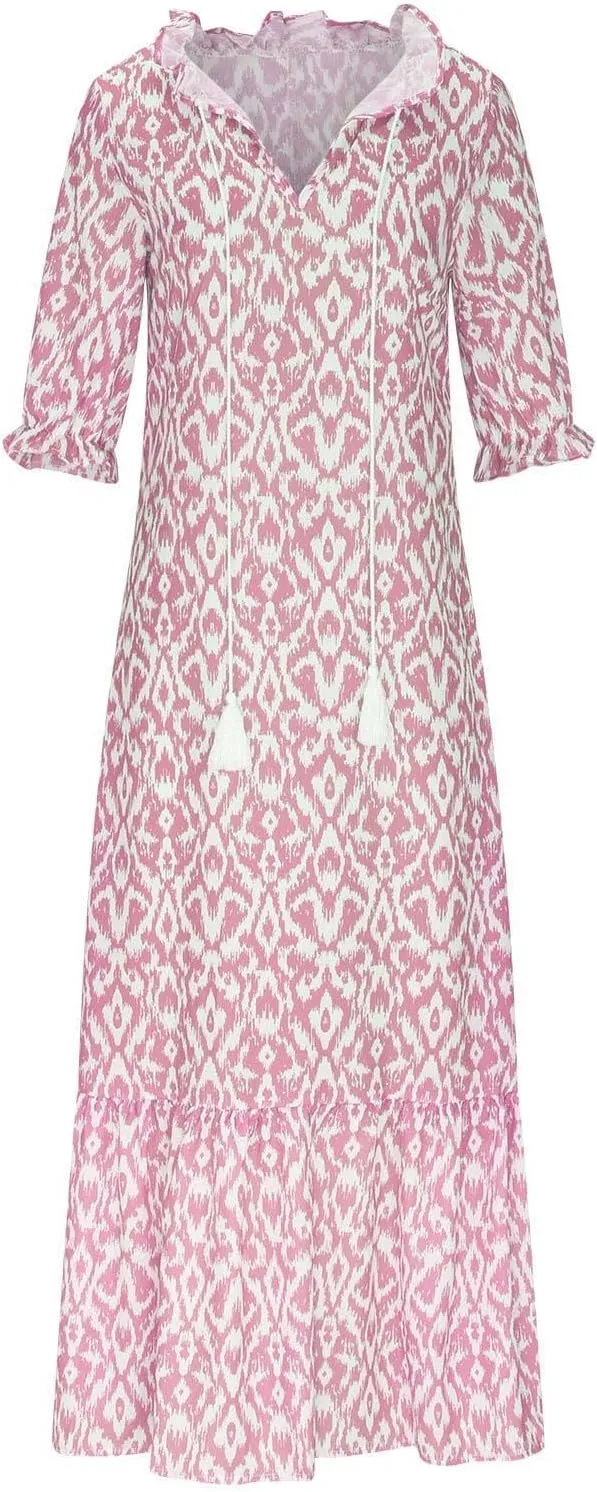 Women Boho Summer Dress Short Sleeve Tassel V Neck Ruffle Flowy A-Line Maxi Dresses Casual Loose Beach Vacation Dress