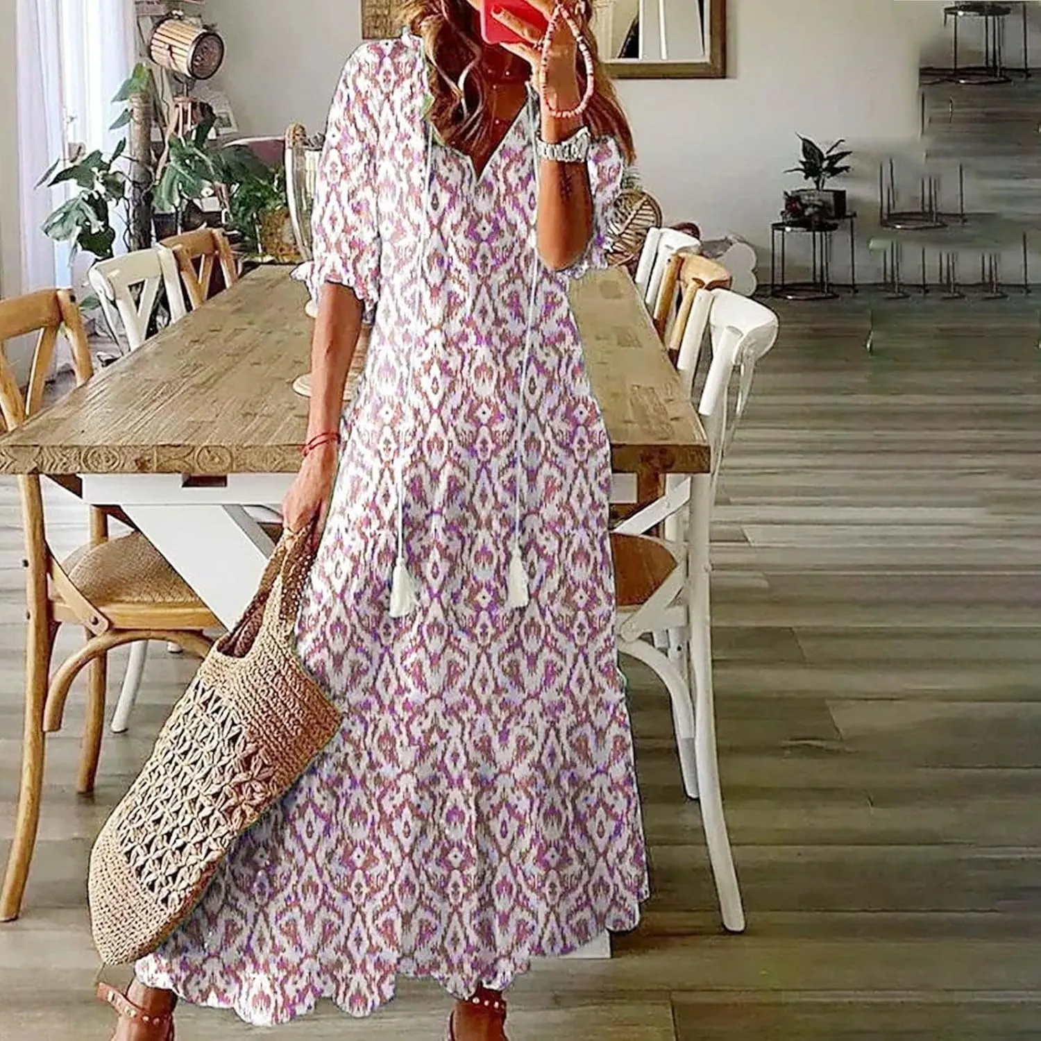 Women Boho Summer Dress Short Sleeve Tassel V Neck Ruffle Flowy A-Line Maxi Dresses Casual Loose Beach Vacation Dress