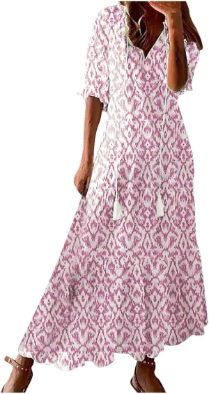 Women Boho Summer Dress Short Sleeve Tassel V Neck Ruffle Flowy A-Line Maxi Dresses Casual Loose Beach Vacation Dress