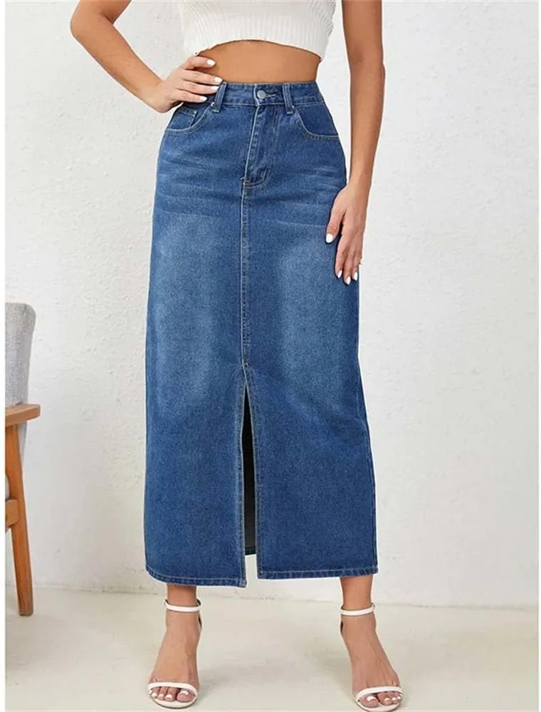 Women Casual High Waist Jeans Skirts Vintage Button-Fly Blue Straight Denim Skirts