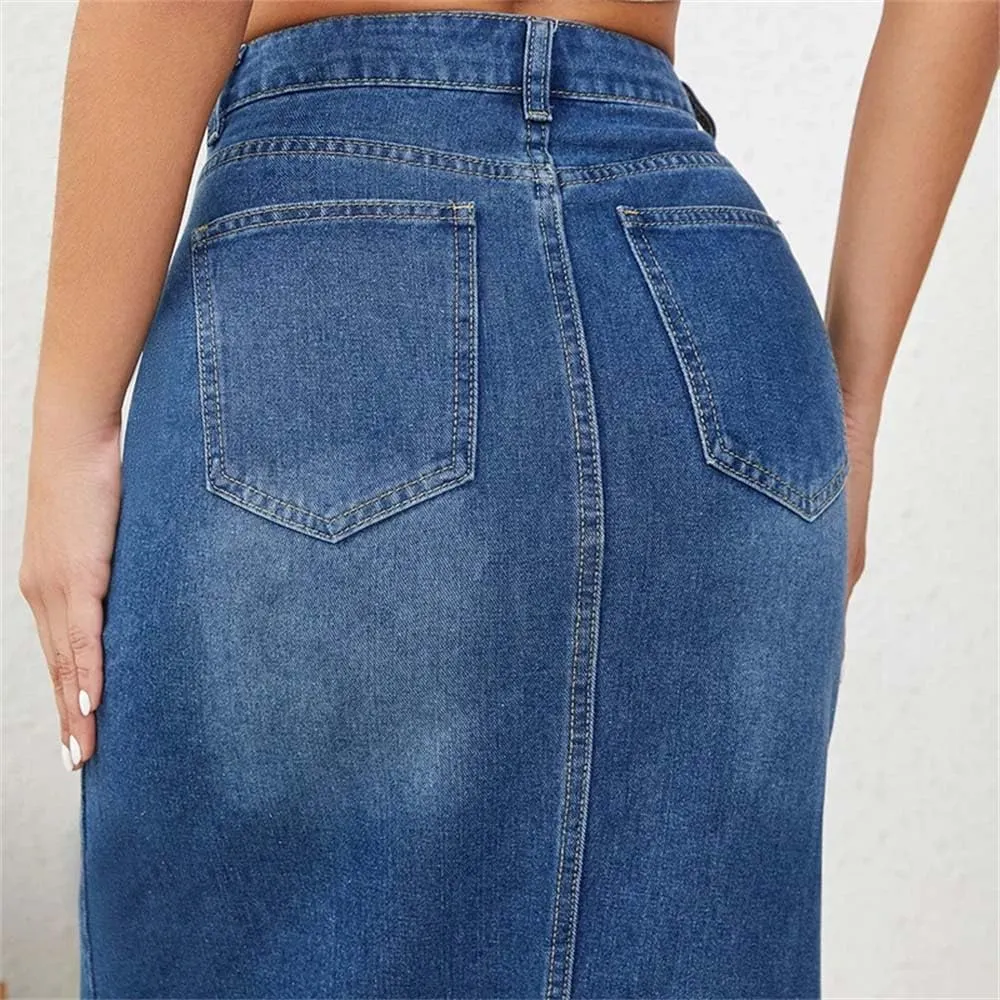 Women Casual High Waist Jeans Skirts Vintage Button-Fly Blue Straight Denim Skirts