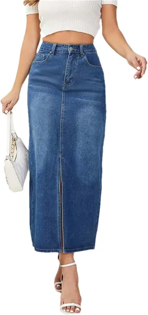 Women Casual High Waist Jeans Skirts Vintage Button-Fly Blue Straight Denim Skirts