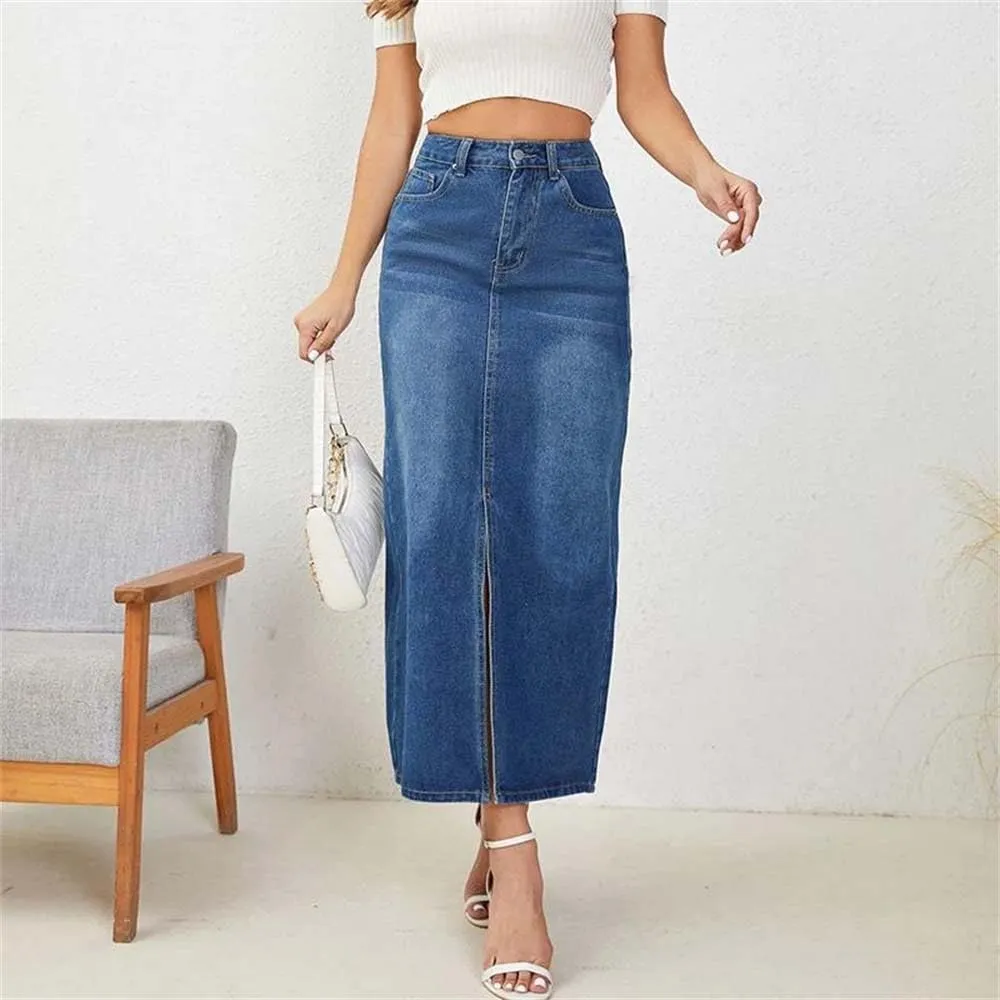 Women Casual High Waist Jeans Skirts Vintage Button-Fly Blue Straight Denim Skirts
