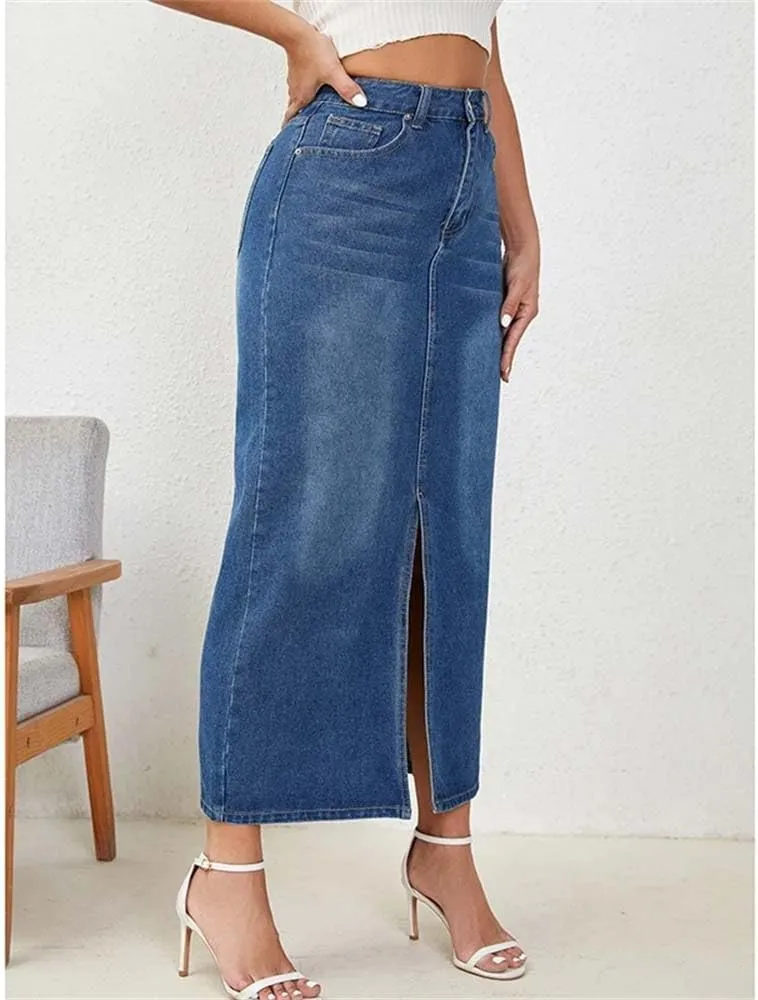 Women Casual High Waist Jeans Skirts Vintage Button-Fly Blue Straight Denim Skirts