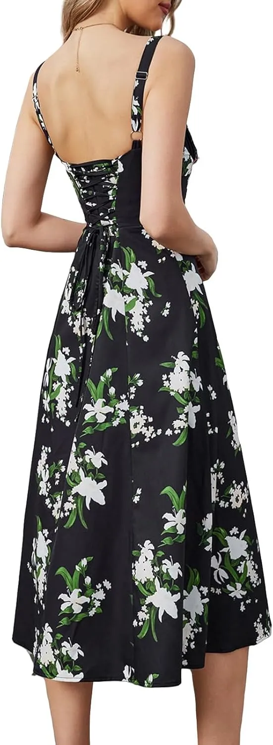 Women Casual Midi Dresses Summer Sexy Off Shoulder Lace Up Spaghetti Strap Dress Flowy Tunic Ruffle Hem A-Line Dress