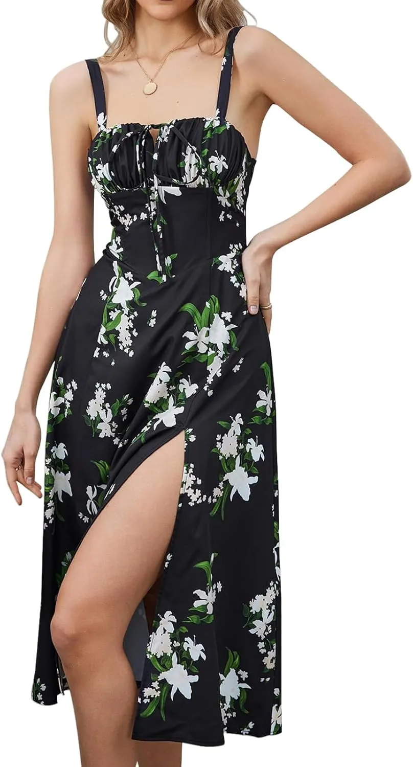 Women Casual Midi Dresses Summer Sexy Off Shoulder Lace Up Spaghetti Strap Dress Flowy Tunic Ruffle Hem A-Line Dress