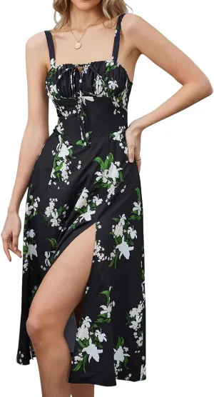 Women Casual Midi Dresses Summer Sexy Off Shoulder Lace Up Spaghetti Strap Dress Flowy Tunic Ruffle Hem A-Line Dress