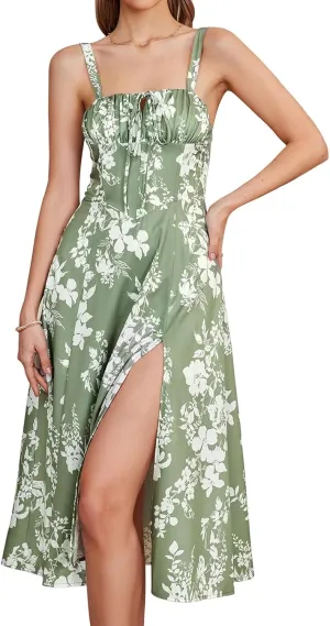 Women Casual Midi Dresses Summer Sexy Off Shoulder Lace Up Spaghetti Strap Dress Flowy Tunic Ruffle Hem A-Line Dress