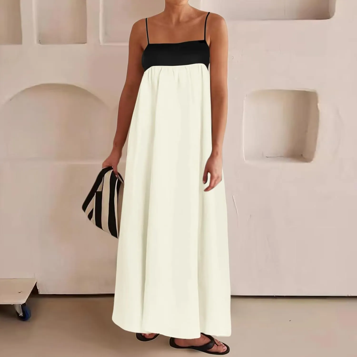 Women Casual Summer Dresses Color Block Spaghetti Straps Sleeveless Dress for Women Flowy Beach Boho Long Skirt