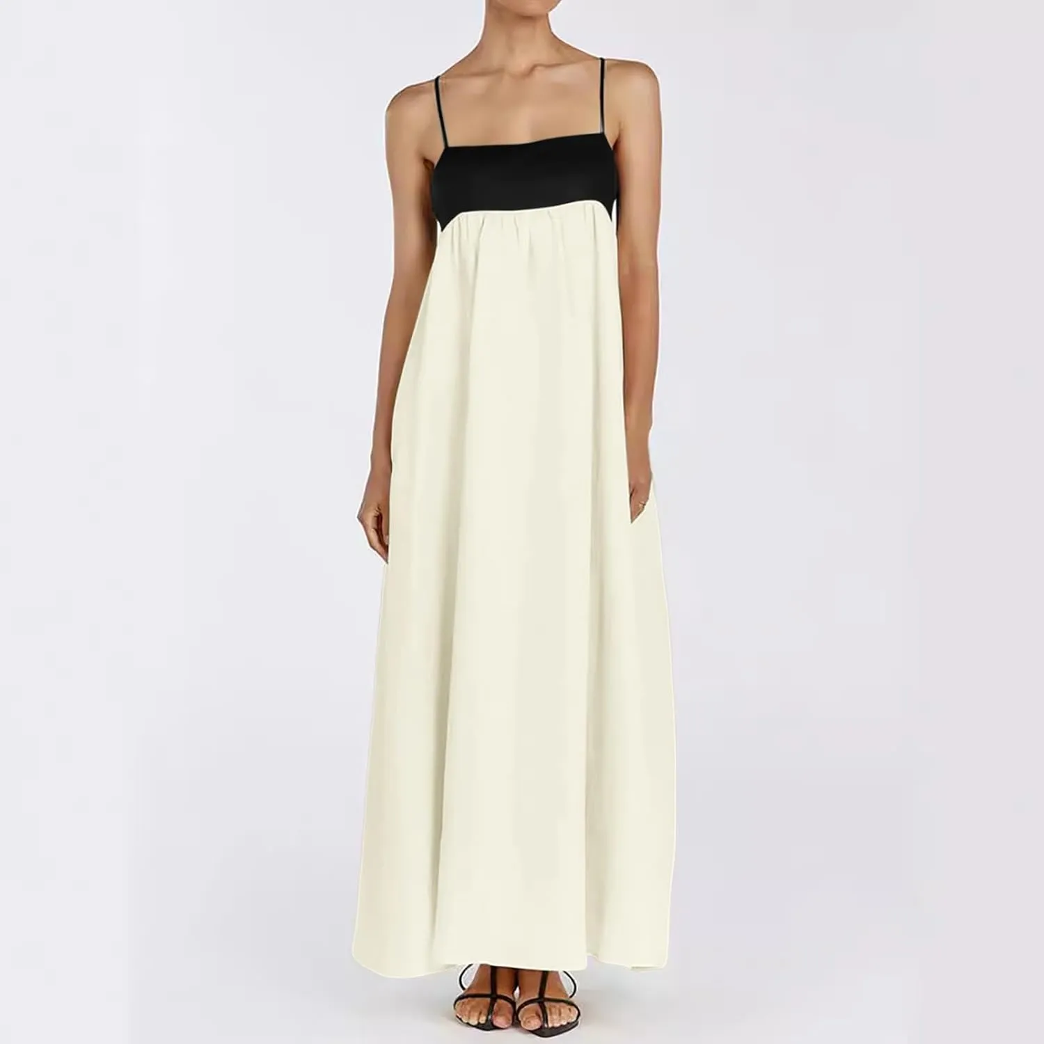 Women Casual Summer Dresses Color Block Spaghetti Straps Sleeveless Dress for Women Flowy Beach Boho Long Skirt